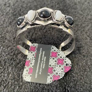 Silver tone black white beaded cuff bracelet by Paparazzi